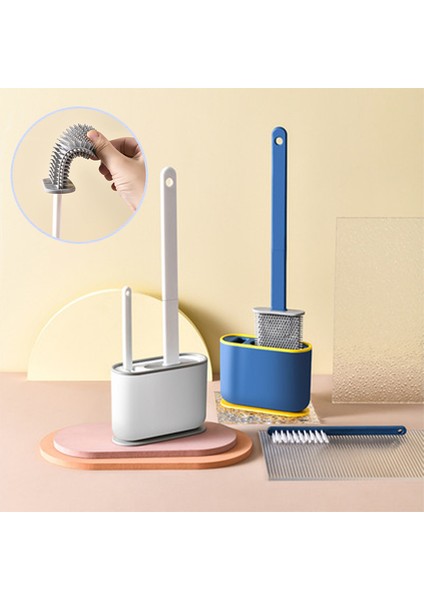 3'ü 1 Arada Mavi Stil Banyo ve Tuvalet Temizliği Için Silikon Tuvalet Fırçası ve Tutucu Seti - Duvara Deliksiz Asılı Wc Fırçası (Yurt Dışından)