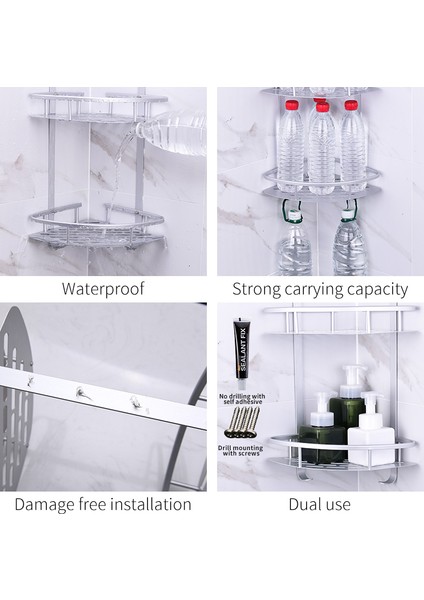 2 Katmanlı Gümüş Tarzı Yer Punching Banyo Rafı No Shower Caddy Sheves Mutfak Depolama Sepeti Yapışkan Emme Köşe Raflar Duş (Yurt Dışından) indirimleri