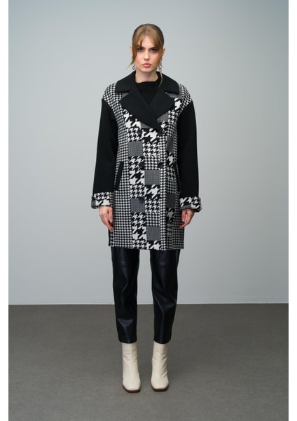 Kaz Ayağı Desen Detaylı Kruvaze Oversize Kaban Siyah 3005 fiyatları