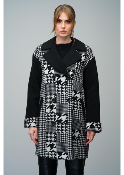 Kaz Ayağı Desen Detaylı Kruvaze Oversize Kaban Siyah 3005 modelleri