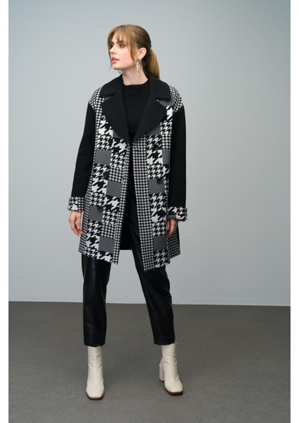 Kaz Ayağı Desen Detaylı Kruvaze Oversize Kaban Siyah 3005 fırsatları