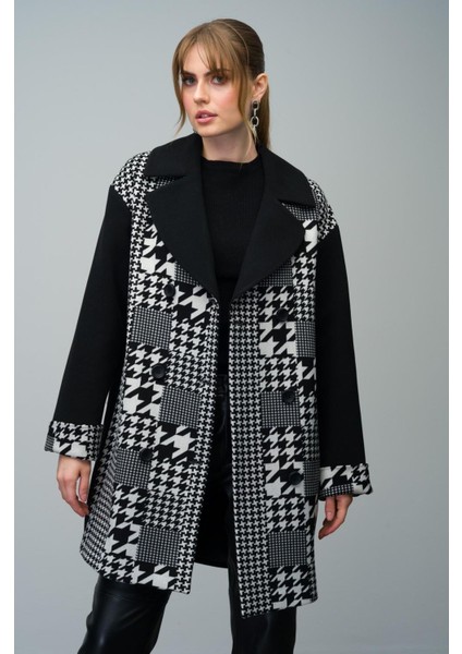 Kaz Ayağı Desen Detaylı Kruvaze Oversize Kaban Siyah 3005 indirimleri