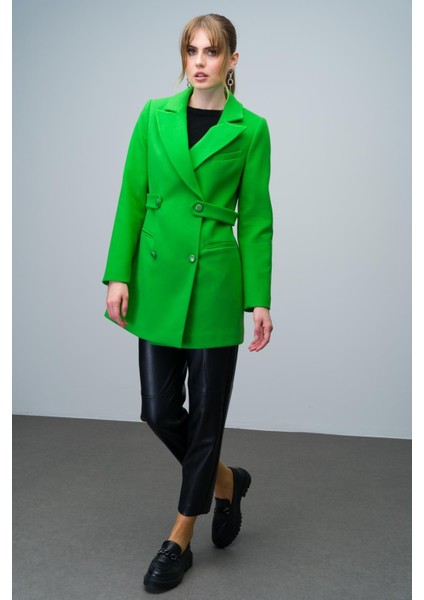 Kemer Detaylı Kruvaze Kısa Kaban Açık Yeşil 3017