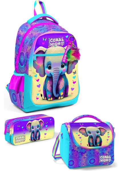 Kids Pembe Turkuaz Fil Desenli 3’lü Okul Çanta Seti SET0123650