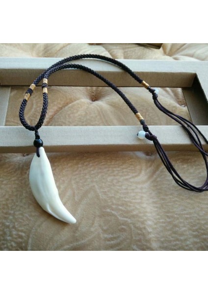Doğal Tibet 3-4cm Kurt Dişi Kolye Beyaz Ayarlı Kordon Ip 2 Boncuk