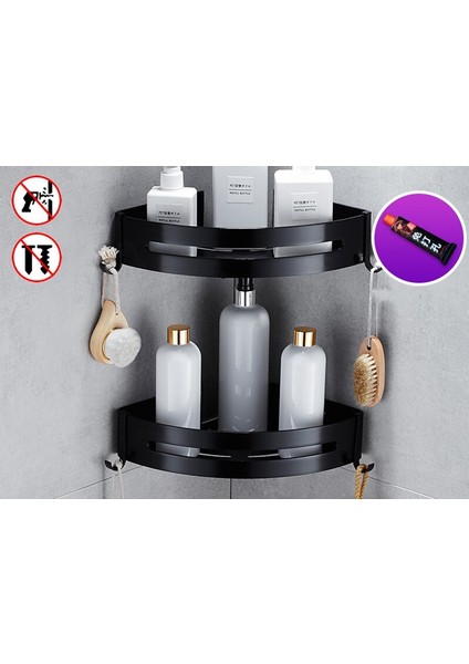 B-Köşesi-2 Katlı Stil Üçgen Havlu Duş Depolama Rafı Siyah Köşe Raflar Duvara Monte Alüminyum Şampuan Tutucu Matkap Gerektirmeyen Banyo Rafı Organizatörü (Yurt Dışından)