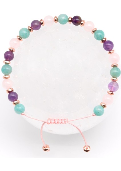 Ametist-Amazonit-Pembe Kuvars Doğal Taş Makrome Örme Bileklik Küre Kesim