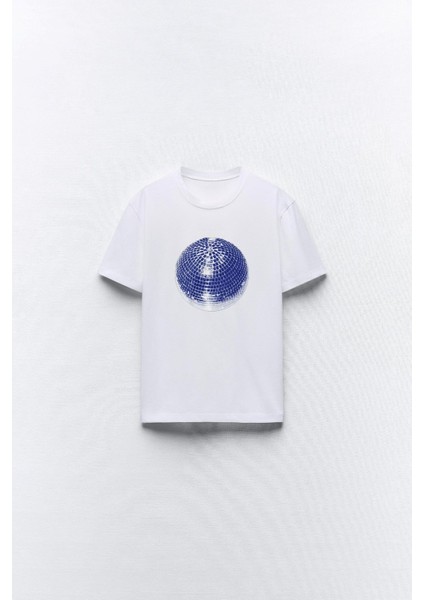 Disko Topu Tasarım Baskılı Beyaz Kadın T-Shirt fırsatları
