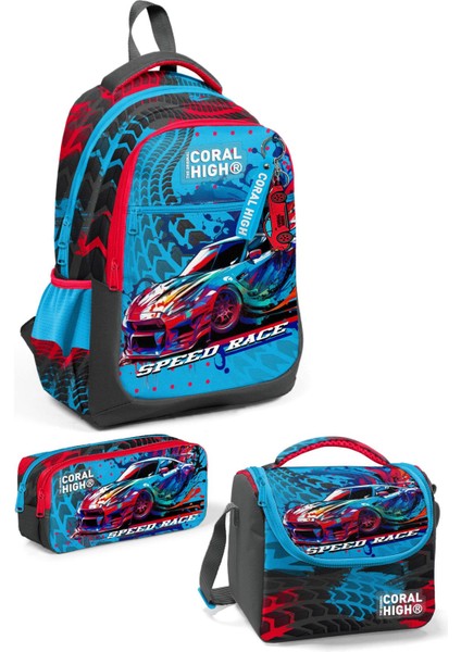 Kids Gri Mavi Yarış Arabası Desenli 3’lü Okul Çanta Seti SET0123652