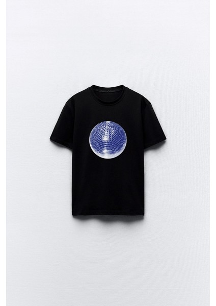Disko Topu Tasarım Baskılı Siyah Kadın T-Shirt