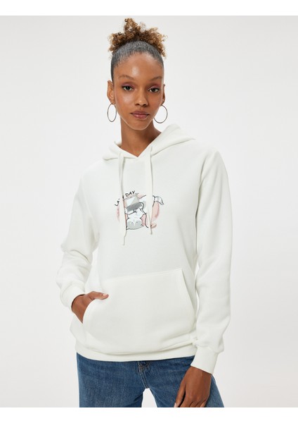 Oversize Kapüşonlu Sweatshirt Kanguru Cep Detaylı Baskılı Şardonlu