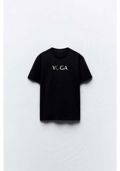 Yoga Yazılı Tasarım Baskılı Siyah Kadın T-Shirt