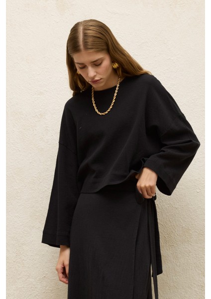 Pamuklu Geniş Kol Crop Bluz Siyah modelleri