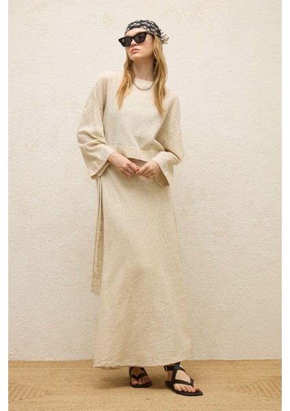 Pamuklu Geniş Kol Crop Bluz Natural modelleri