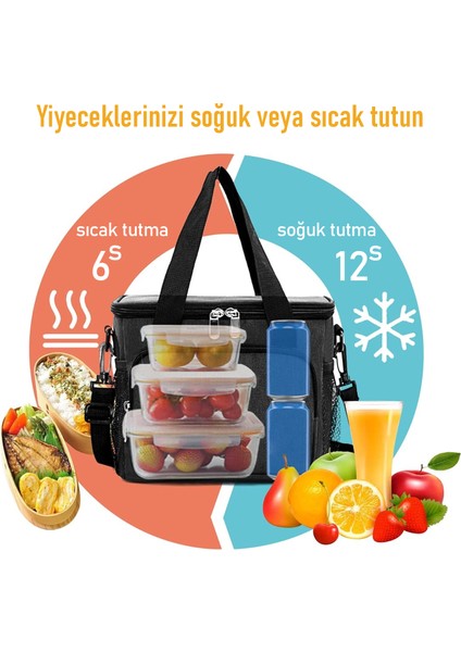 Termal Çanta, Soğuk Sıcak Tutucu Beslenme Çantası, Buzluk Soğutucu Yemek Çantası 15L - Siyah