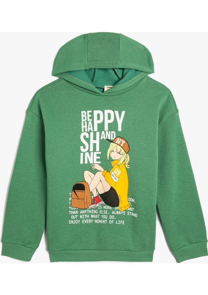 Kapşonlu Sweatshirt Anime Baskılı Uzun Kollu