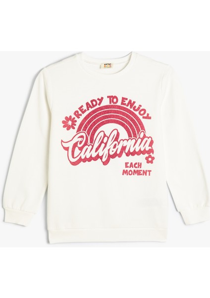 Sweatshirt California Baskılı Simli Uzun Kollu Bisiklet Yaka Pamuklu