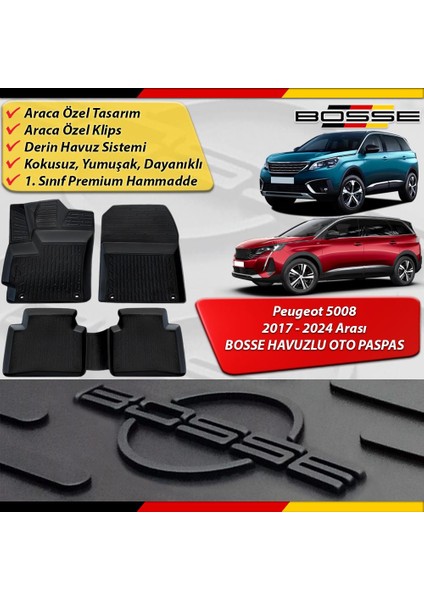 Peugeot 5008 Paspas Araca Özel 2017 2024 Bosse Paspas 3D Havuzlu