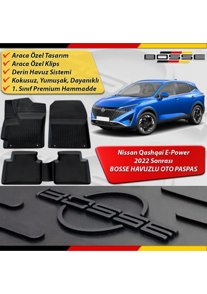 Nissan Qashqai Paspas Araca Özel (E-Power) 2022 Sonrası Bosse Paspas 3D Havuzlu