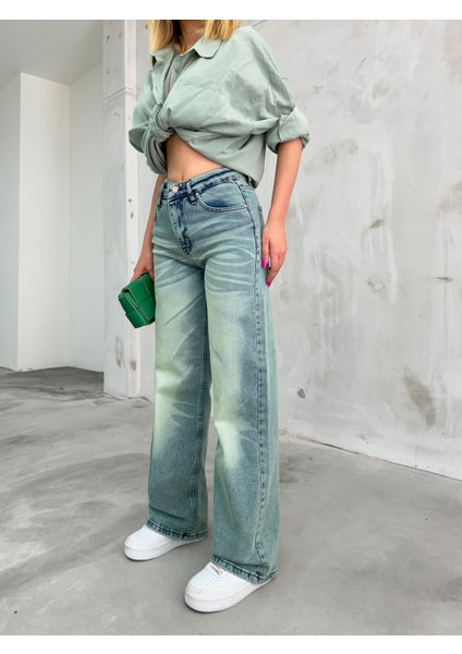 kadın Soluk Efekt Vintage Yüksek Bel Wide Leg Jeans