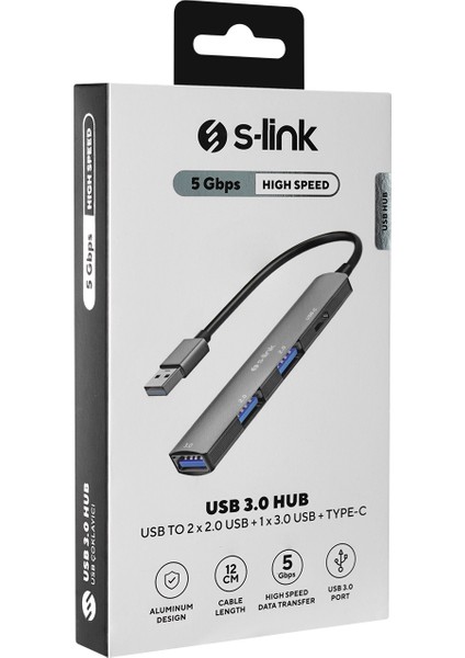 S-Lınk SW-U322 2*usb2.0, 1*usb3.0, 1*type-C Metal USB Hub Çoklayıcı