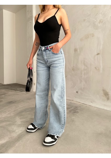 kadın Soluk Efekt Vintage Yüksek Bel Wide Leg Jeans