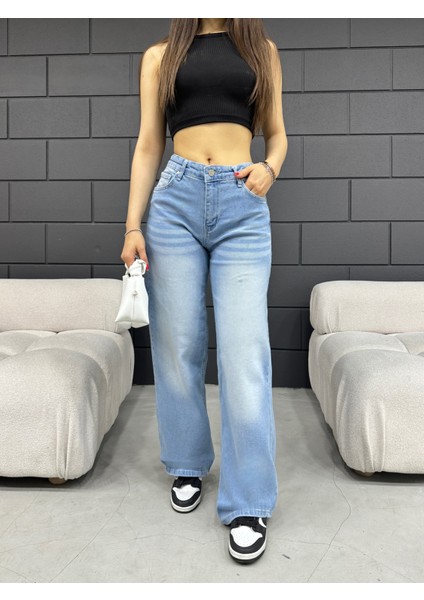 kadın Soluk Efekt Vintage Yüksek Bel Wide Leg Jeans