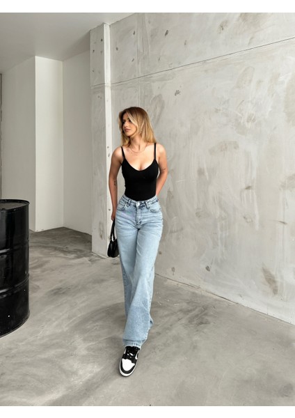 kadın Soluk Efekt Vintage Yüksek Bel Wide Leg Jeans