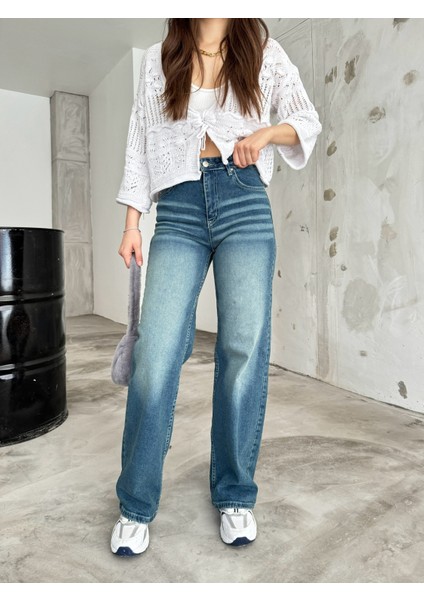 kadın Soluk Efekt Vintage Yüksek Bel Wide Leg Jeans