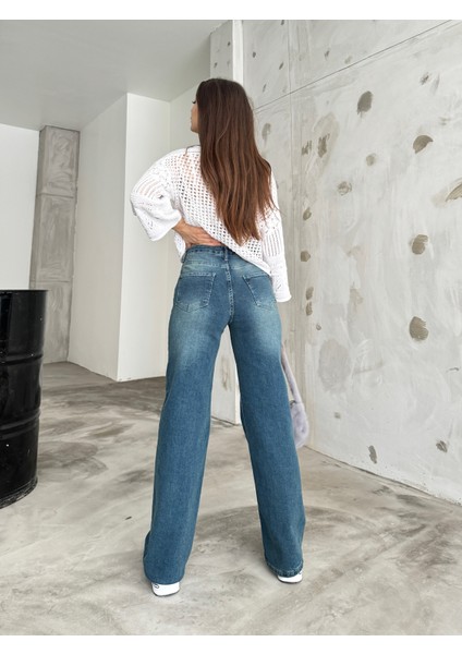 kadın Soluk Efekt Vintage Yüksek Bel Wide Leg Jeans