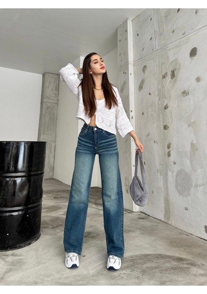 kadın Soluk Efekt Vintage Yüksek Bel Wide Leg Jeans