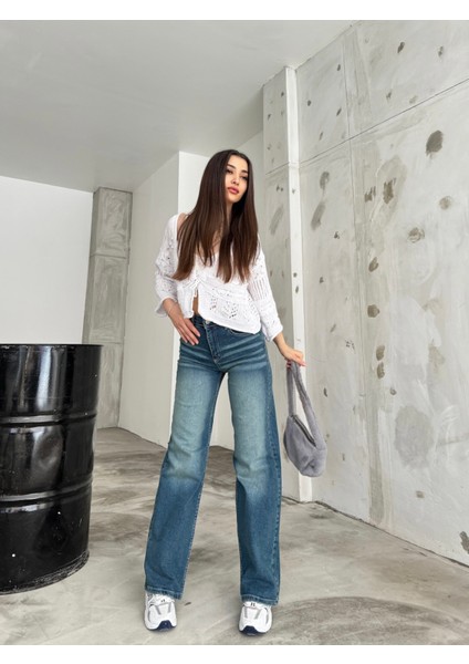 kadın Soluk Efekt Vintage Yüksek Bel Wide Leg Jeans