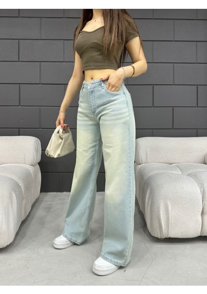 kadın Soluk Efekt Vintage Yüksek Bel Wide Leg Jeans