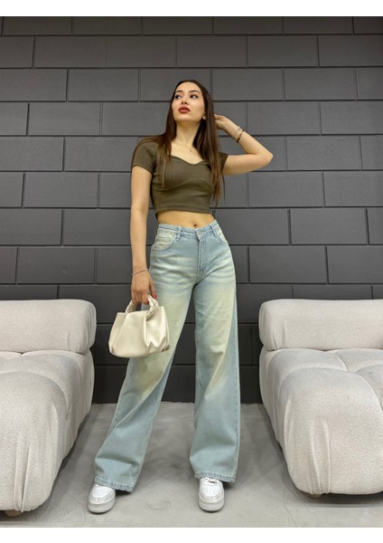 kadın Soluk Efekt Vintage Yüksek Bel Wide Leg Jeans