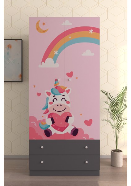 Çocuk Odası 2 Kapaklı Unicorn Dreams Gardırop 5 Raflı 2 Çekmeceli Askılı Elbise Dolabı