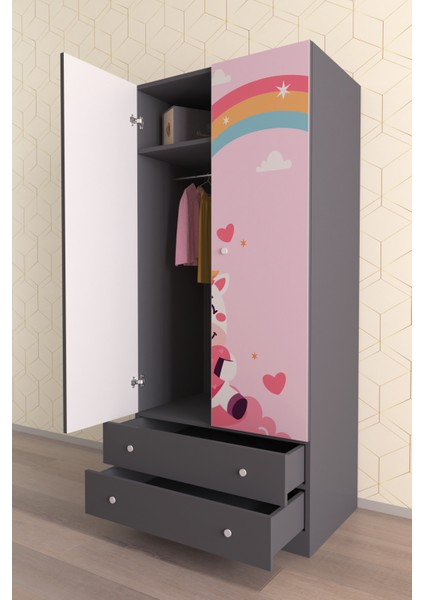 Çocuk Odası 2 Kapaklı Unicorn Dreams Gardırop 5 Raflı 2 Çekmeceli Askılı Elbise Dolabı fiyatları