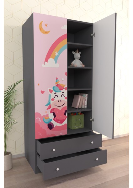 Çocuk Odası 2 Kapaklı Unicorn Dreams Gardırop 5 Raflı 2 Çekmeceli Askılı Elbise Dolabı modelleri