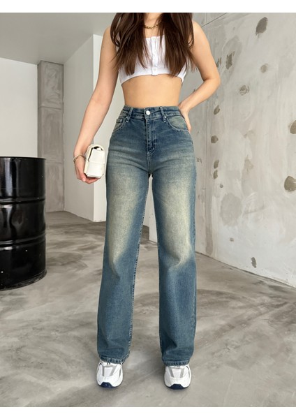 kadın Soluk Efekt Vintage Yüksek Bel Wide Leg Jeans