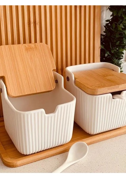 Bambu Kapaklı Porselen Kaşıklı 2'li Bambu Standlı Tuzluk Biberlik 300 Ml(Cmr) fiyatları