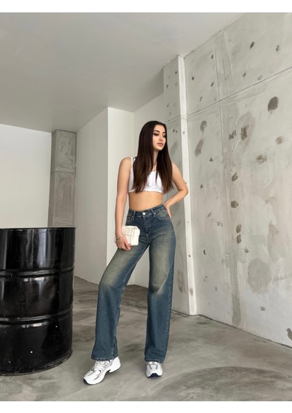 kadın Soluk Efekt Vintage Yüksek Bel Wide Leg Jeans