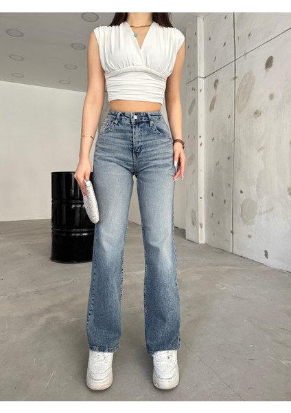 kadın Soluk Efekt Vintage Yüksek Bel Wide Leg Jeans