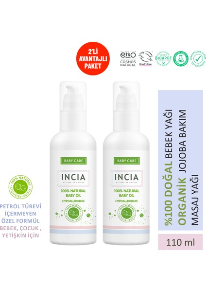 %100 Doğal Bebek Yağı Organik Jojoba Bakım Masaj Yağı Parafinsiz Bitkisel Vegan 110 ml X2 Adet