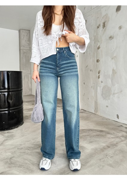 kadın Soluk Efekt Vintage Yüksek Bel Wide Leg Jeans