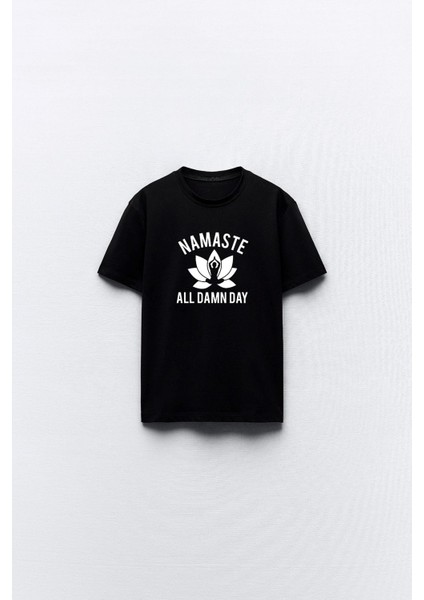 Namaste All Damn Day Yazılı Yoga Tasarım Baskılı Siyah Kadın T-Shirt