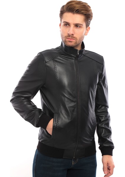 Saremod Siyah Slim-Fit Erkek Deri Ceket