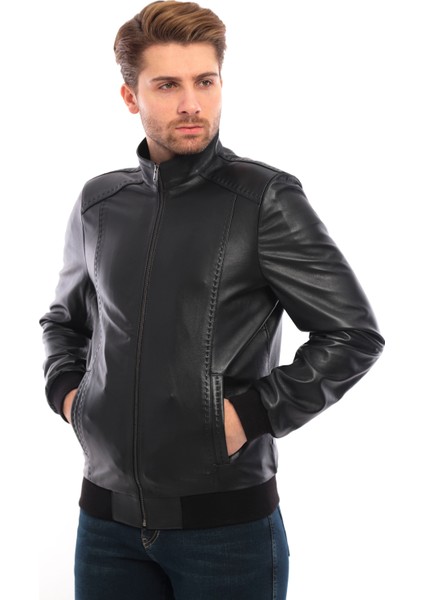 Saremod Siyah Slim-Fit Erkek Deri Ceket