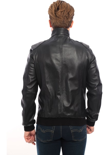 Saremod Siyah Slim-Fit Erkek Deri Ceket