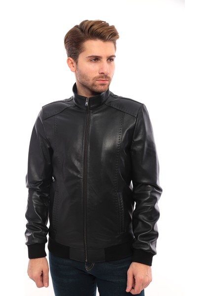 Saremod Siyah Slim-Fit Erkek Deri Ceket