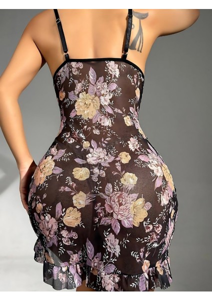 Çiçek Desenli Gecelik - Siyah - S/m fiyatları