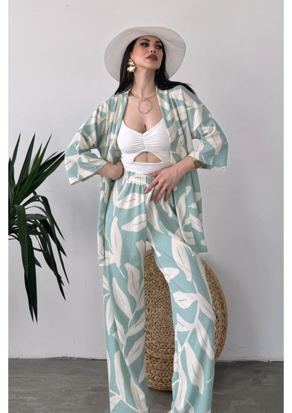 Desenli Kimono ve Pantolon Ikili Takım DFL4019